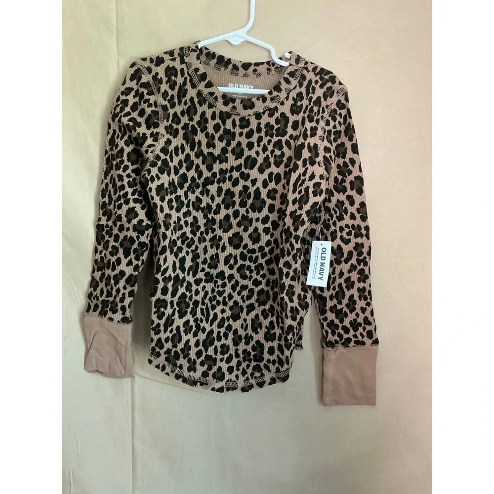 Old Navy Waffle Knit Top Youth M 8 Tan Leopard NWT Thermal Crew Neck 812472